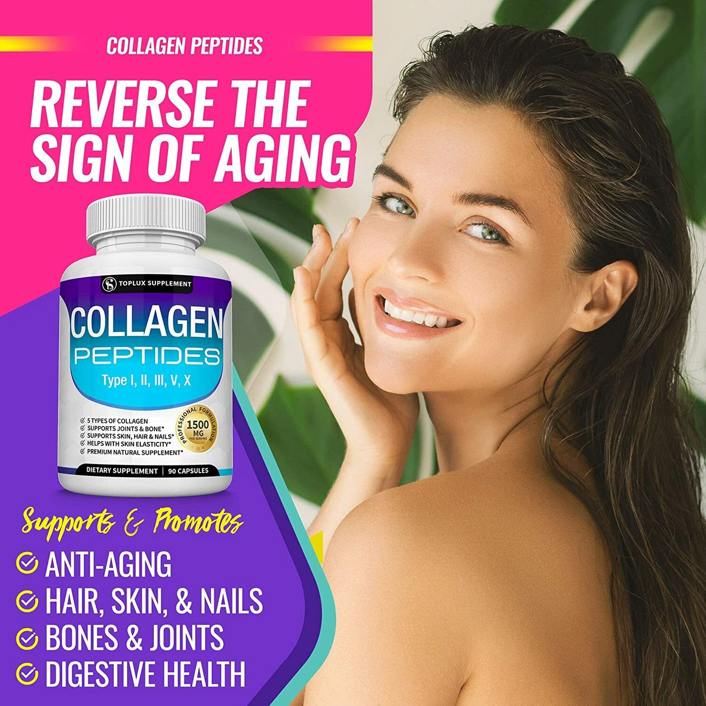Colágeno Premium 5-en-1 Toplux: El Secreto para una Piel Firme y Articulaciones Sin Dolor (90 Cápsulas)